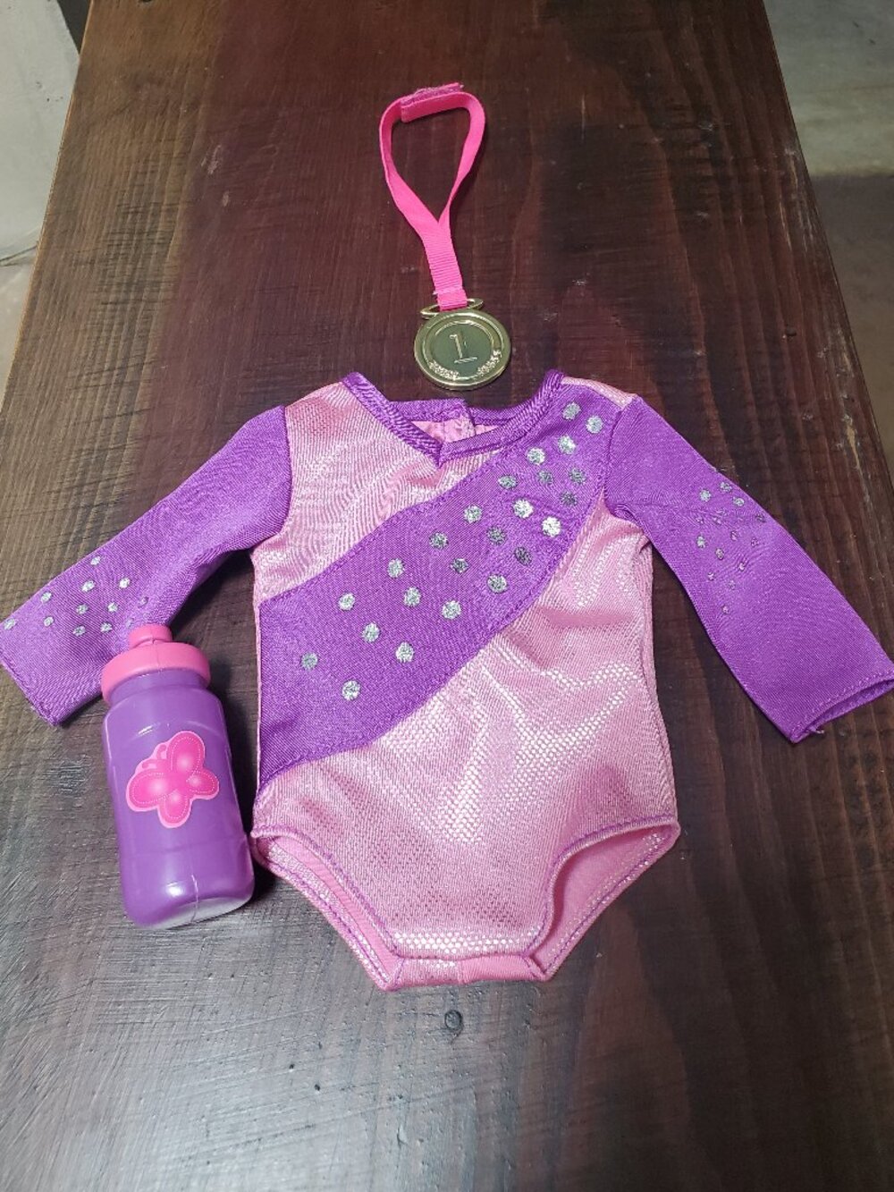 EUC Funrise 18” Doll Gymnastics 3-Piece Set Purple/Pink Leotard and Accessories